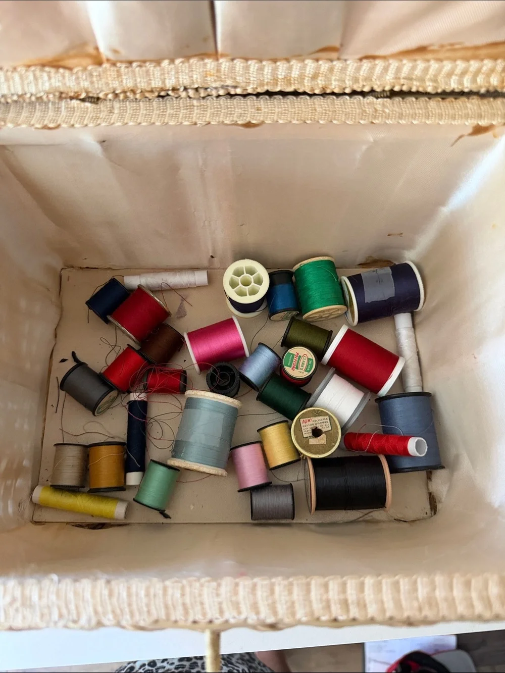 Vintage Wicker & Tapestry Sewing Basket with Assorted Sewing Notions